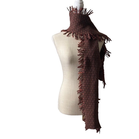 Brown & Orange 100% Irish Wool Reversible Dot Print /Stripe Print Frilly Scarf - Picture 2 of 9